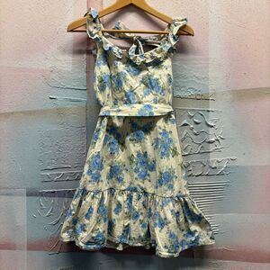Storia L Cream Blue Floral Low Back Dress Cottagecore Preppy Artsy Boho Chic